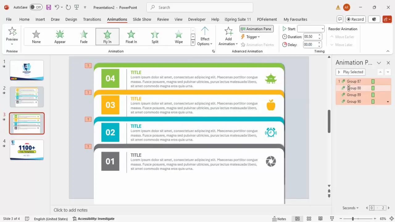 Animation pane showing fly-in animations for each tab with bounce effect