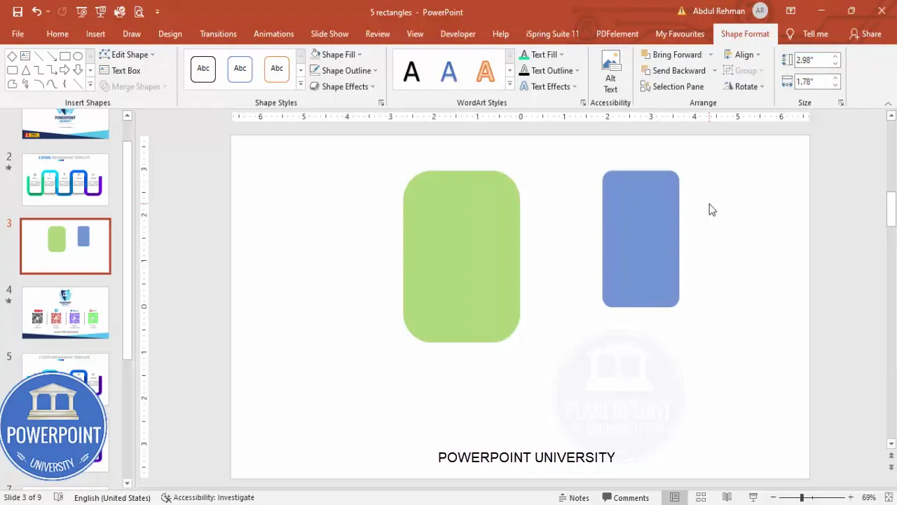 Starting with a blank slide and inserting two rounded rectangles to create the first step