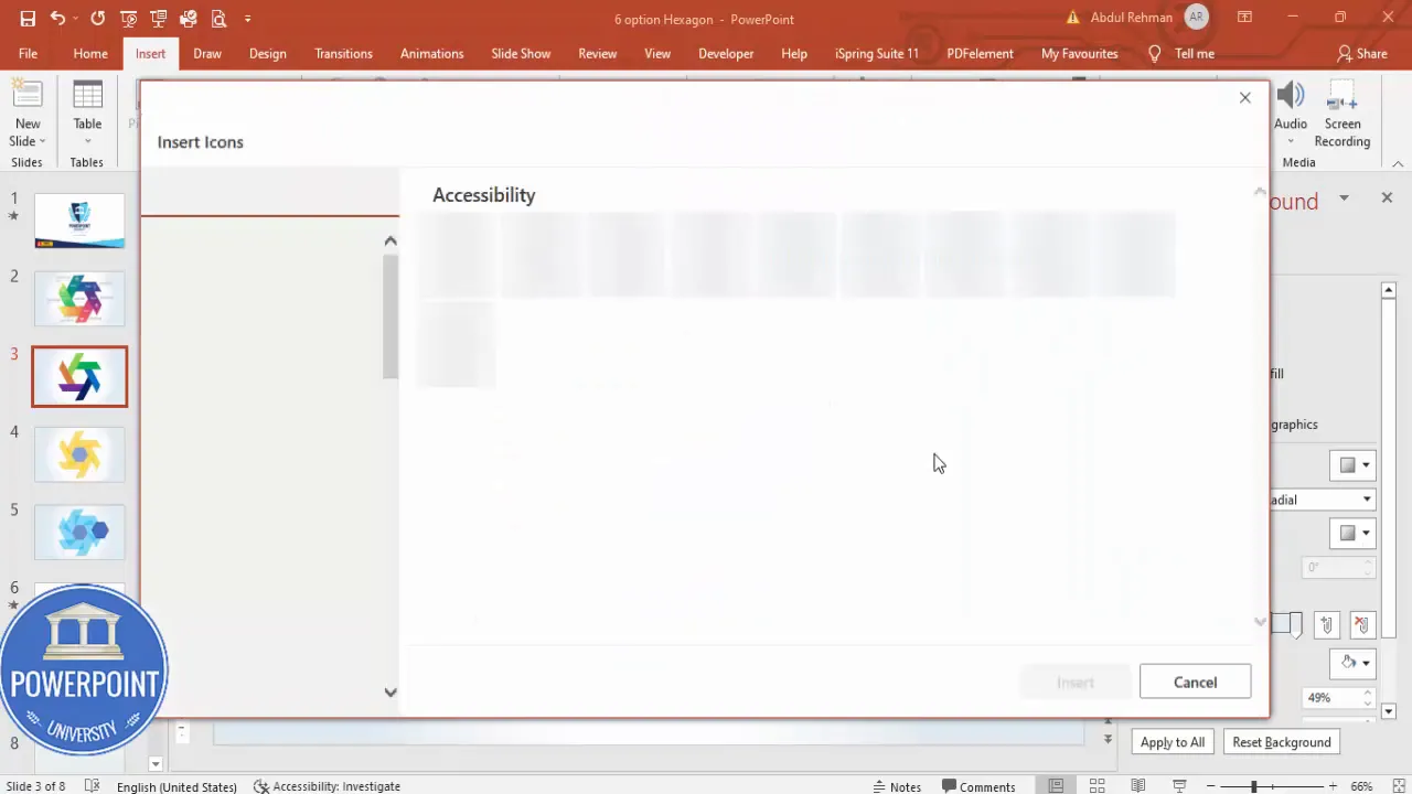 Selecting icons from the Insert → Icons menu