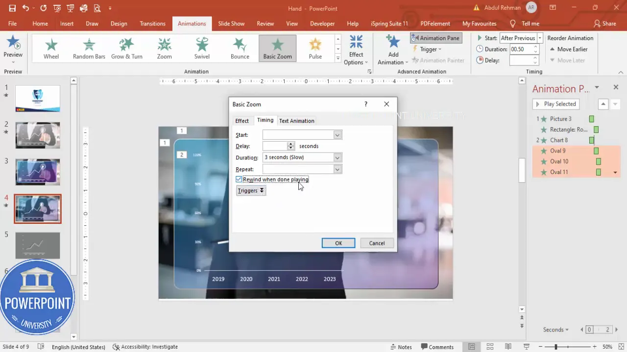 Animation Timing dialog showing repeat until end of slide and duration settings