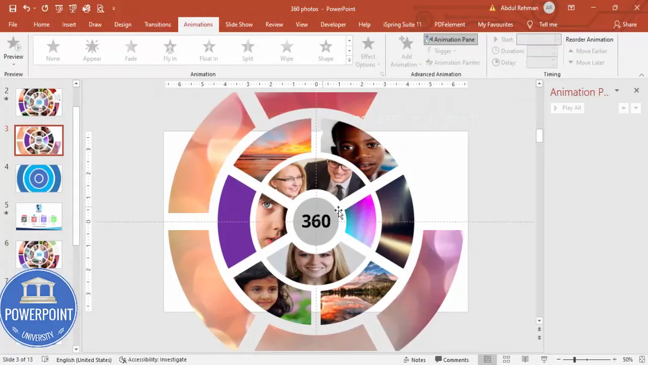 Open the Animation Pane and add Zoom animations to rings