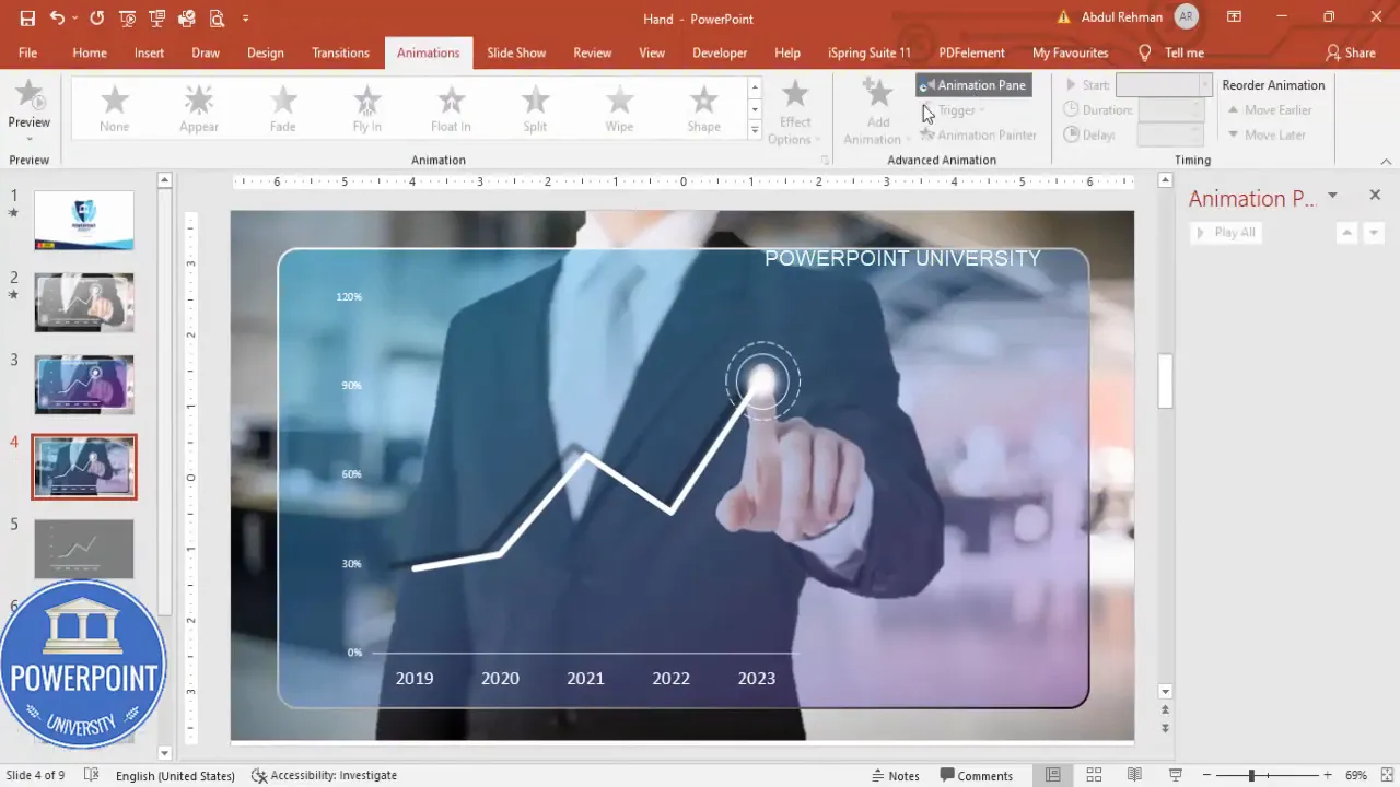 Animation Pane open with objects ready for animation