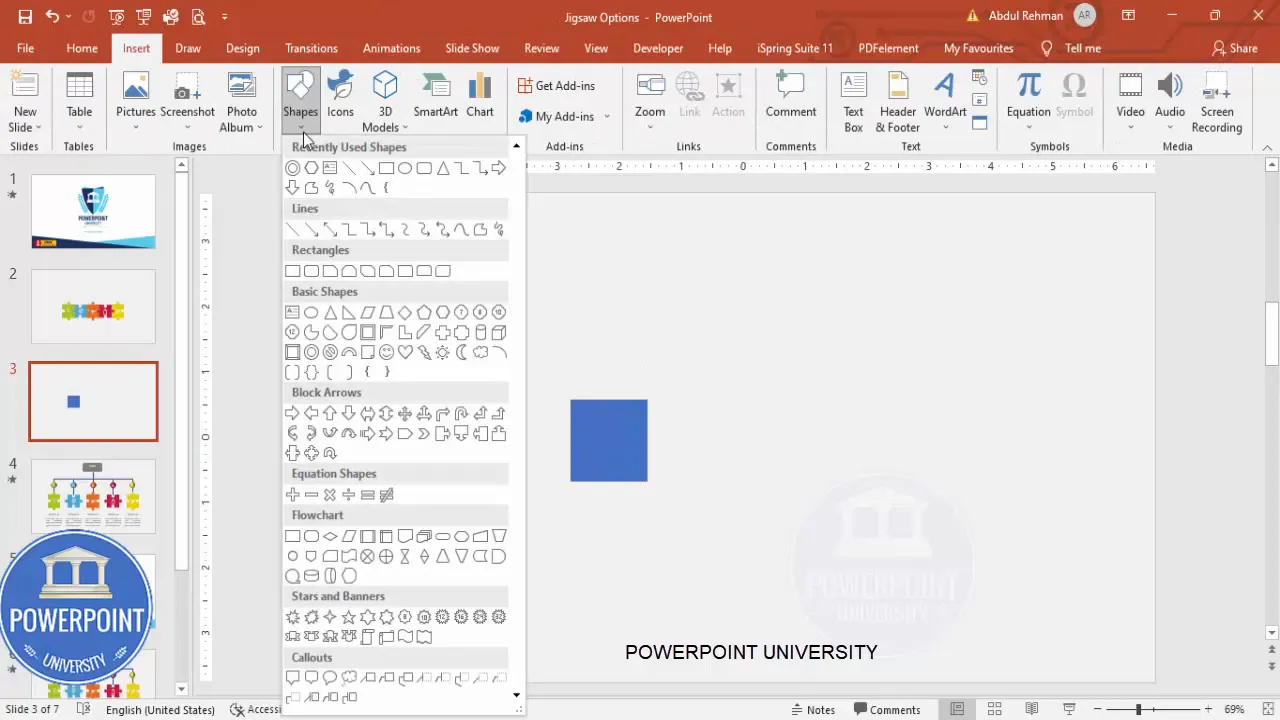 Insert shapes menu and rectangle being placed for jigsaw piece