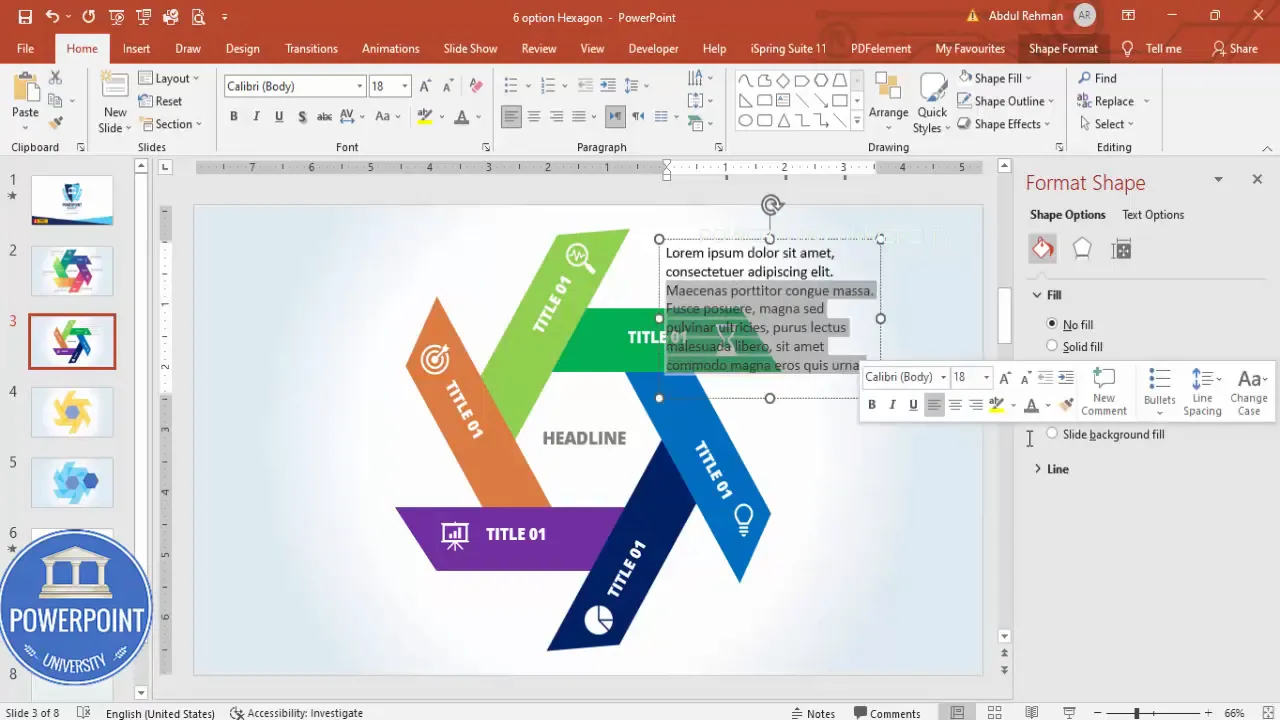 Adding short descriptive text blocks outside each hexagon option