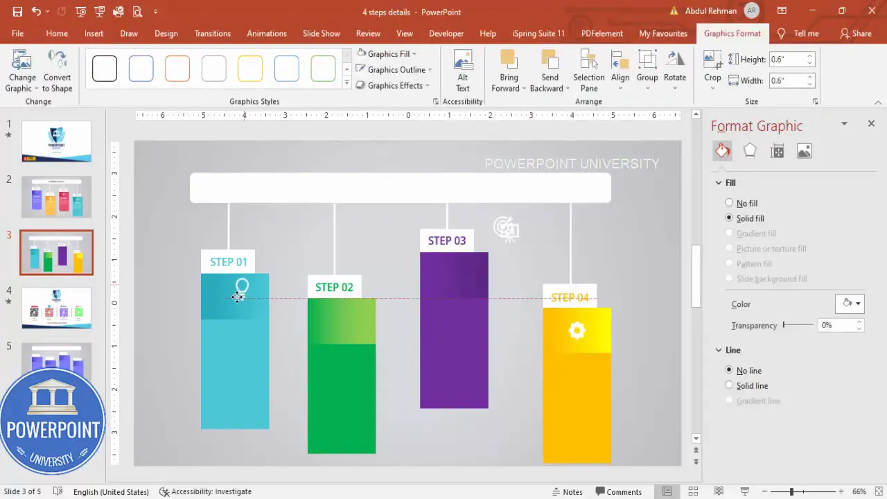 Selecting and inserting white icons, positioning them on colored step blocks