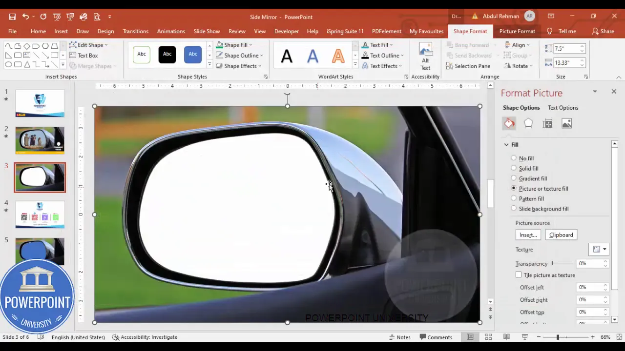 Mirror image applied to the slide and zoomed in view of the side mirror
