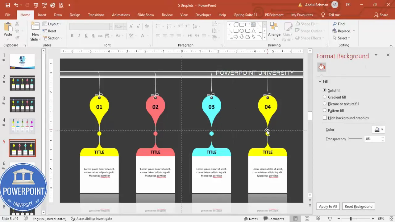 Color-coding multiple droplets and updating numbers to create five options