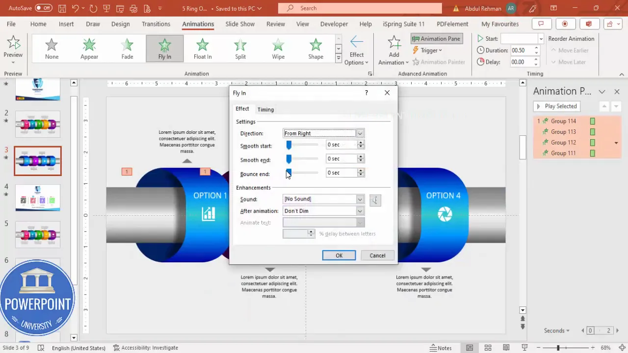 Configure Fly In animations from the right for each segment and use Stretch for descriptions
