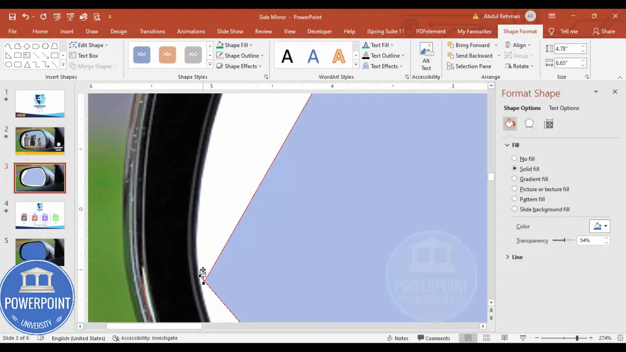 Freeform shape outline around the car mirror with edit points displayed