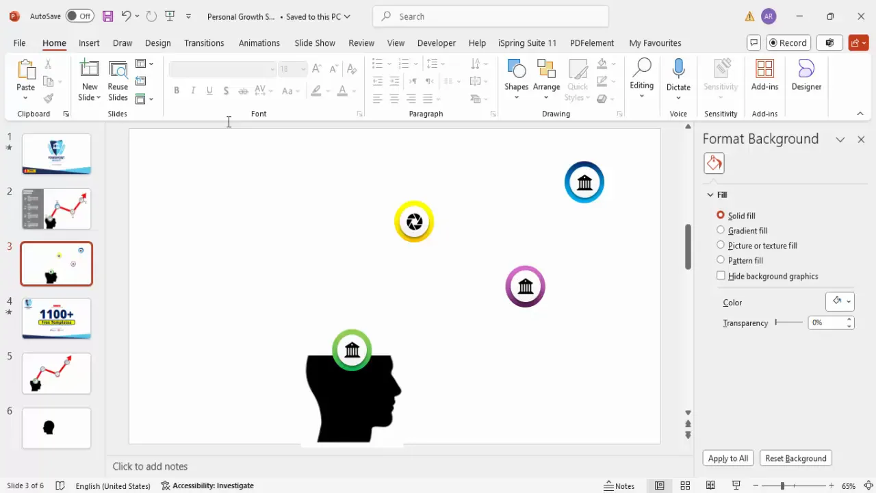 Different colored gradient ovals and icons for steps