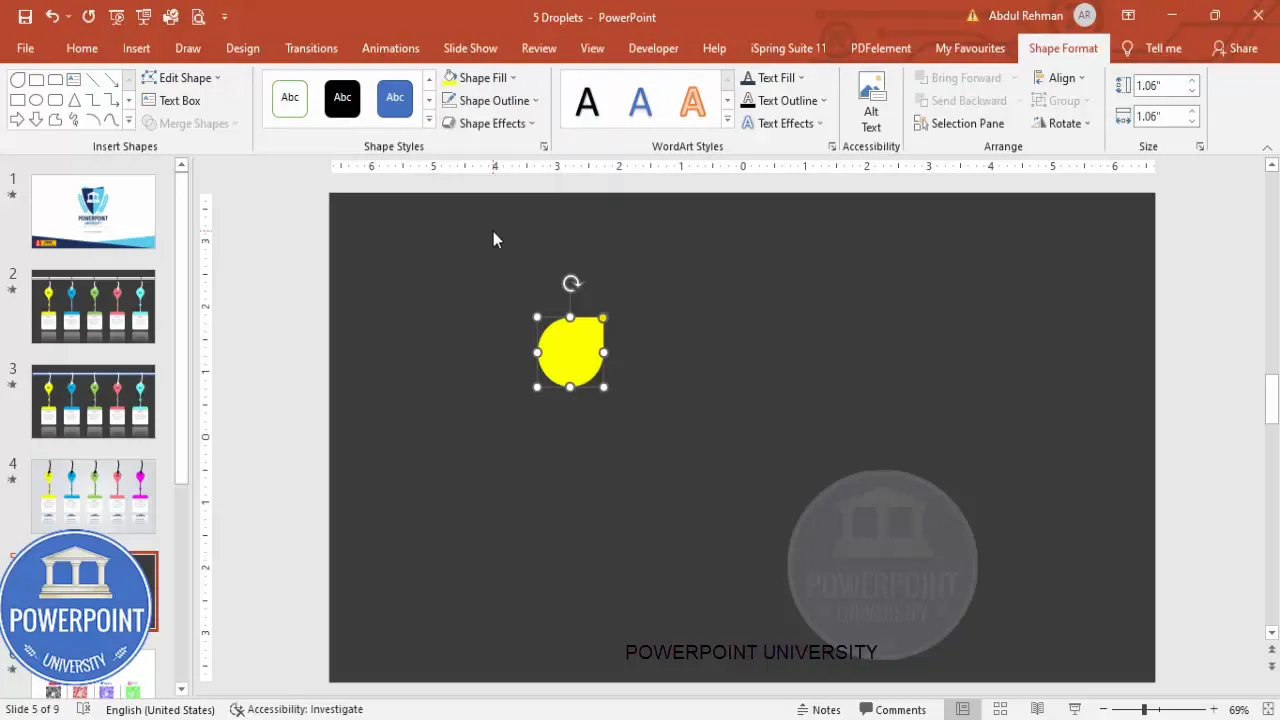 Drawing a yellow teardrop shape on the slide