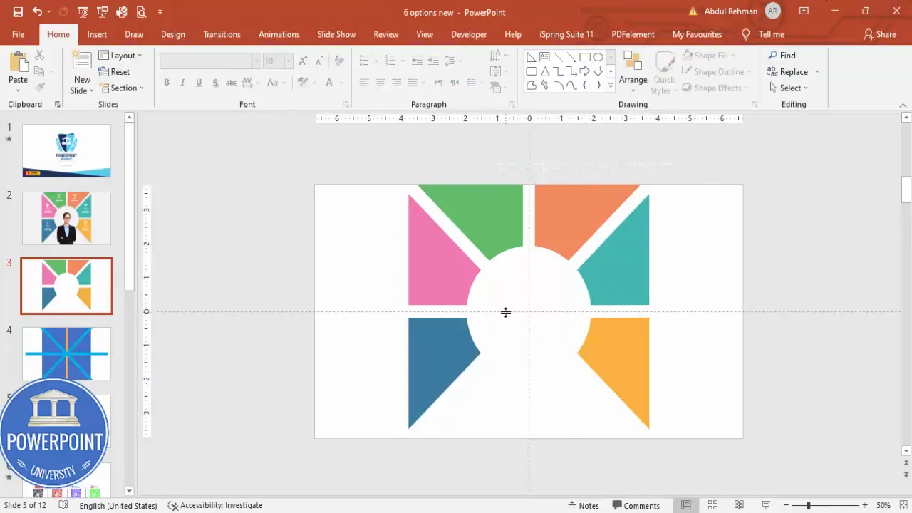 Colored wedge segments forming the six options around the center