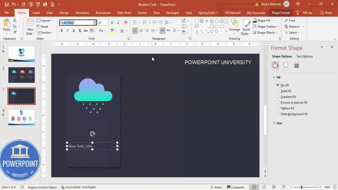 Add city and country text, create a temperature block, then insert the temperature value using a bold font