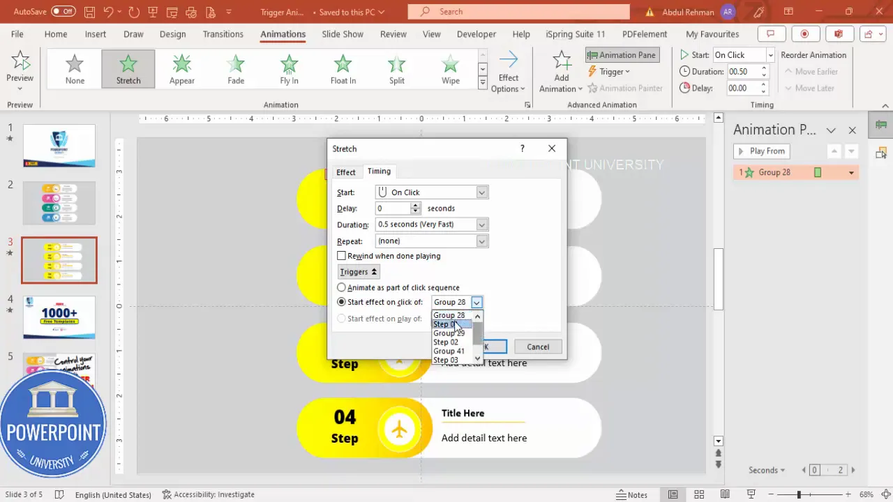 Trigger settings dialog box with animation linked to step one button