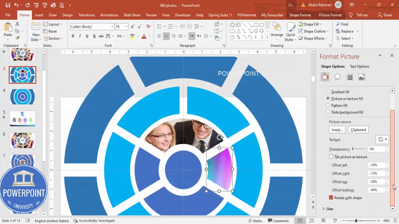 Use gradient fills and overlays to add depth to ring segments