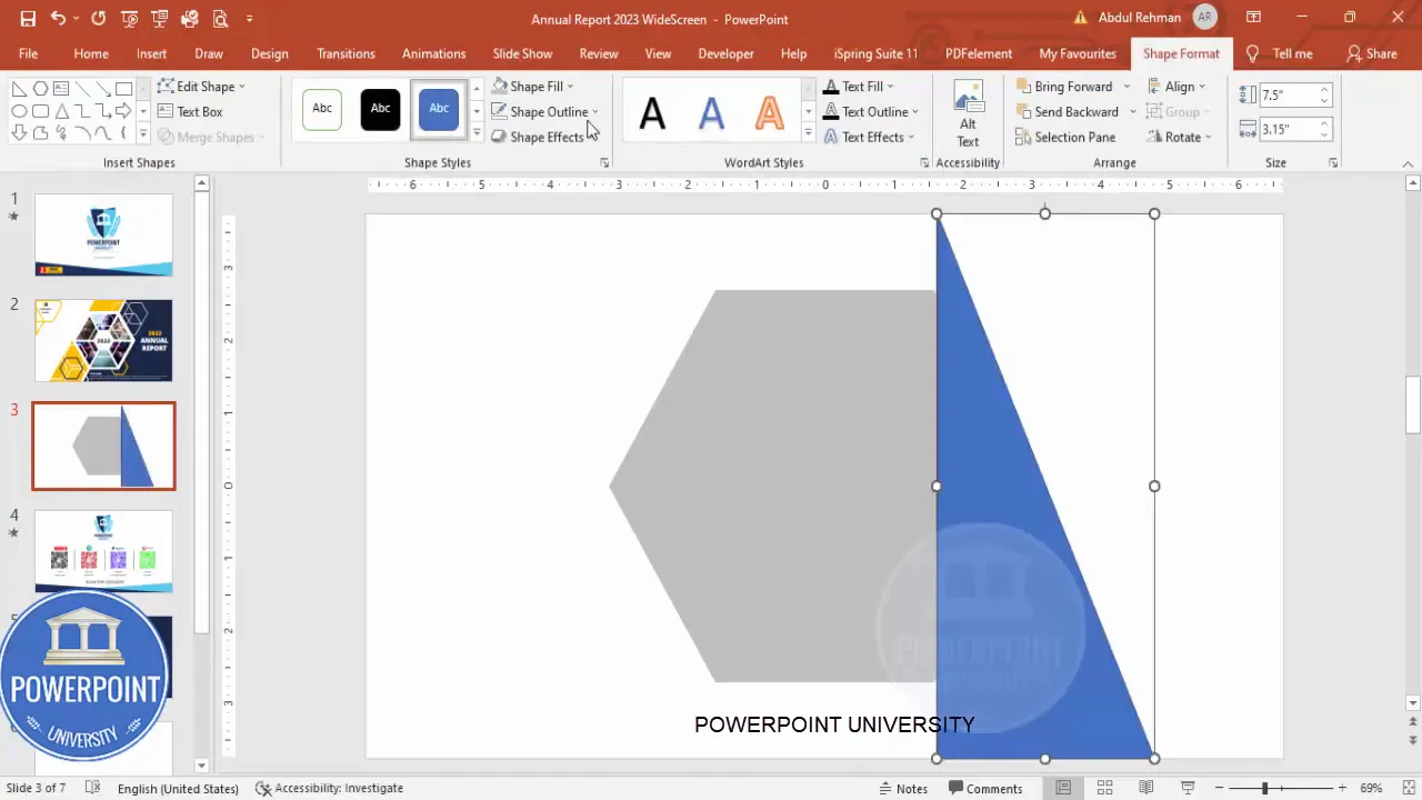Using a right triangle to create a background accent that intersects with the hexagon