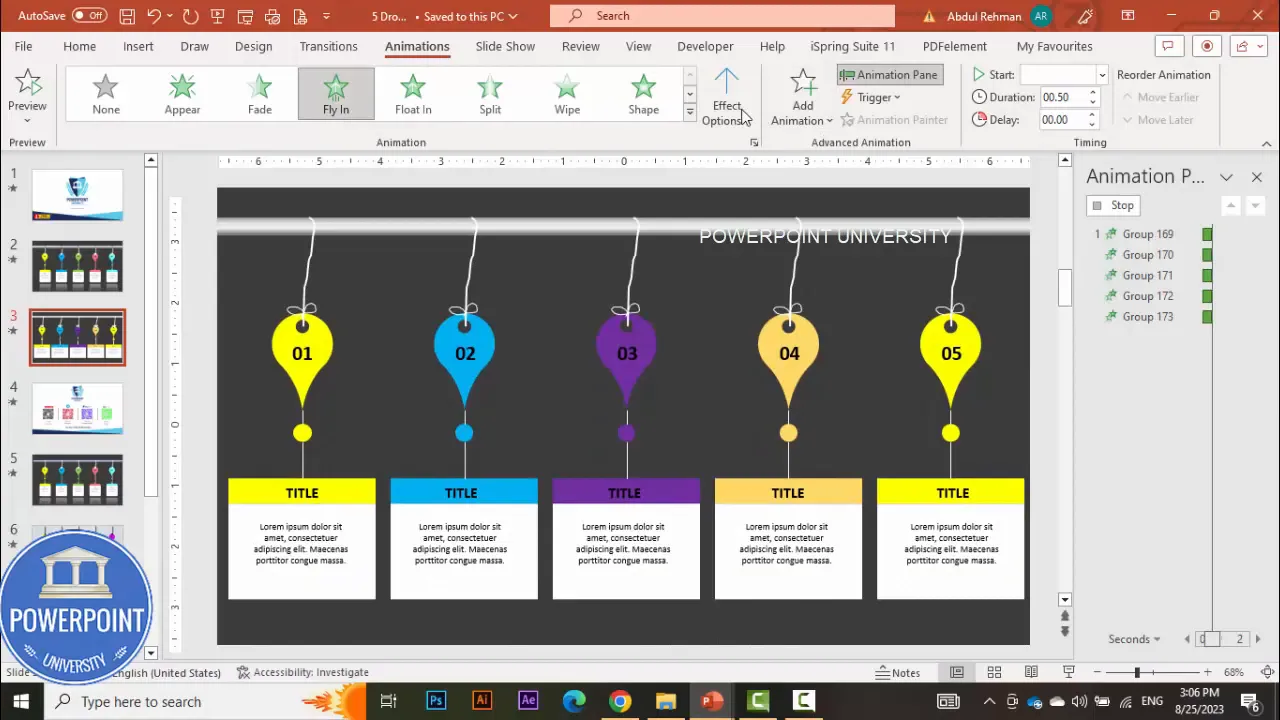Animation pane with Fly In animations applied to each grouped option