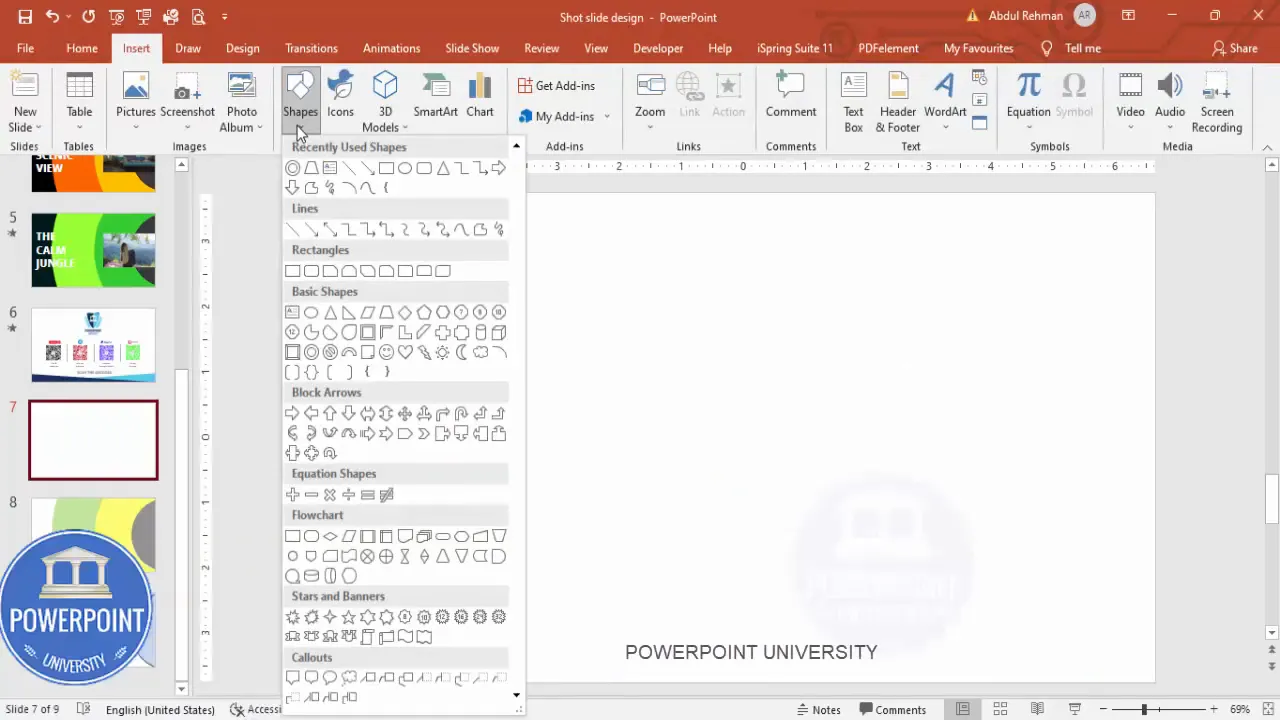 Insert shapes menu with Circle Hollow selected
