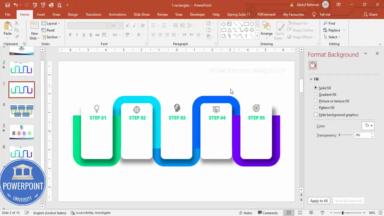 Final assembled 5 Rectangular Step Slide showing all steps aligned, colored and grouped ready for presentation