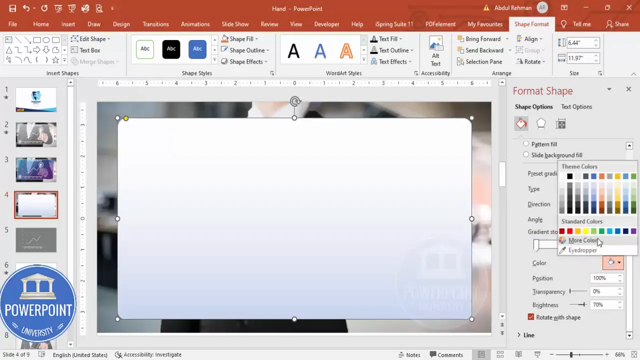 Format Shape dialog showing gradient stops and transparency settings