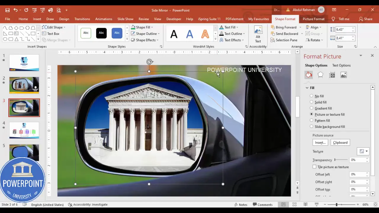 Rectangle with building photo inserted and sent to back, visible through mirror cutout