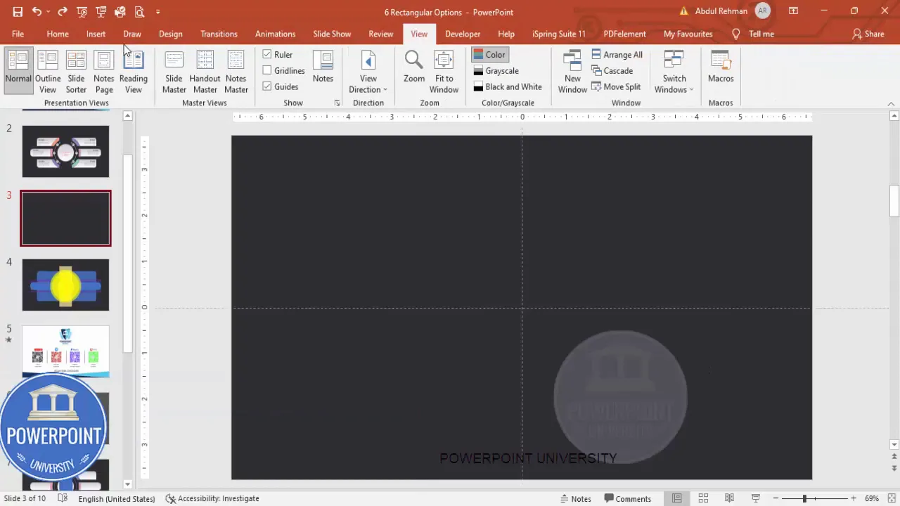 PowerPoint slide with dark background and guides enabled