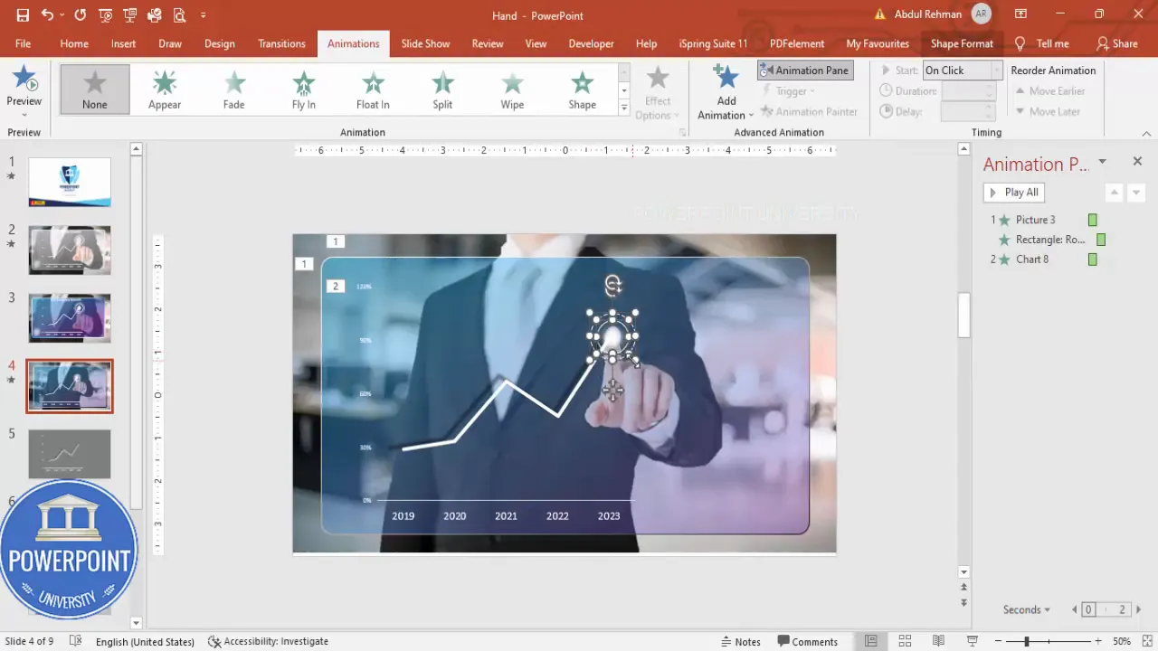 Chart zoom animation and fingertip glow animation applied