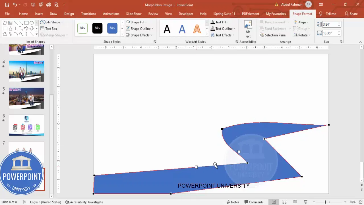 Editing points on the freeform shape to make the ramp curve