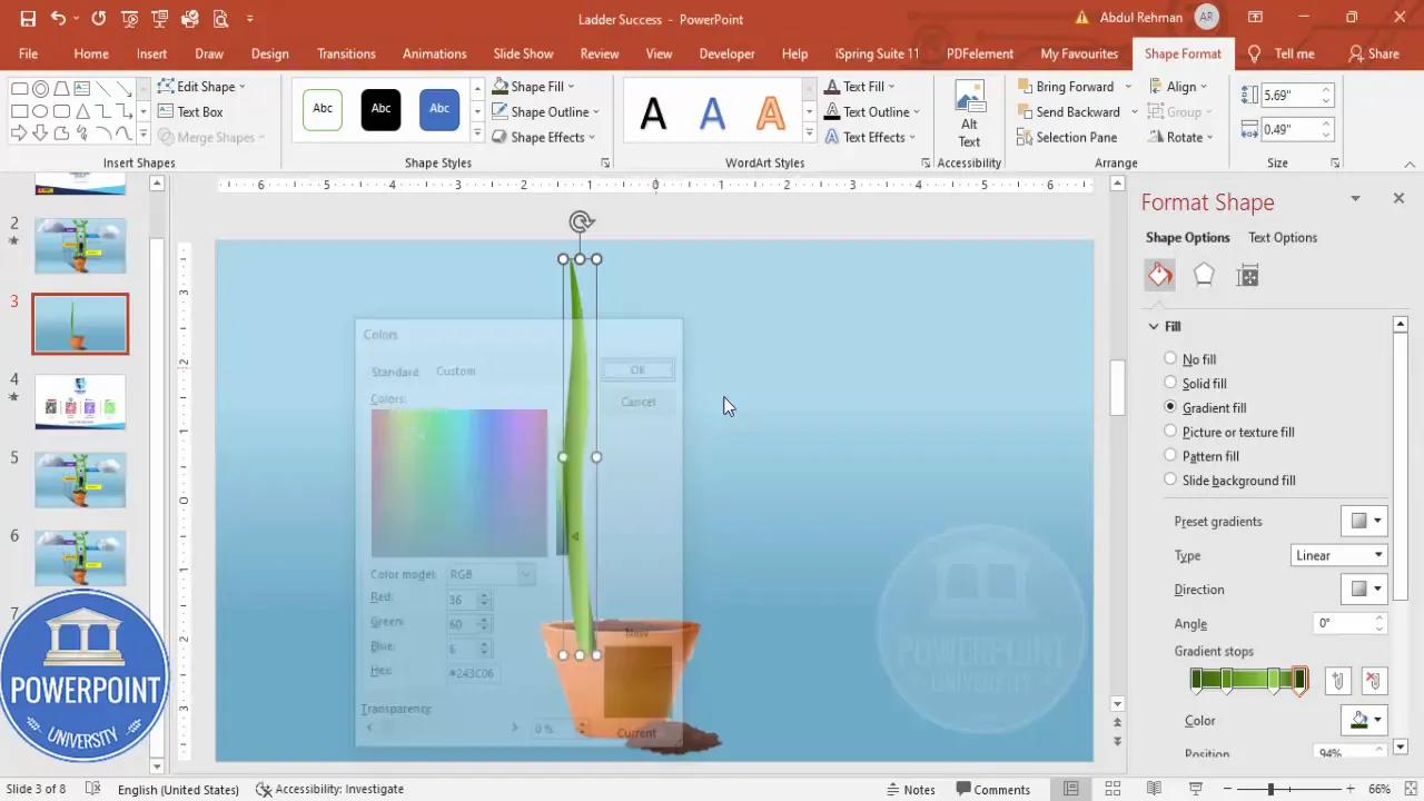 Gradient settings adjusted for the stem shape