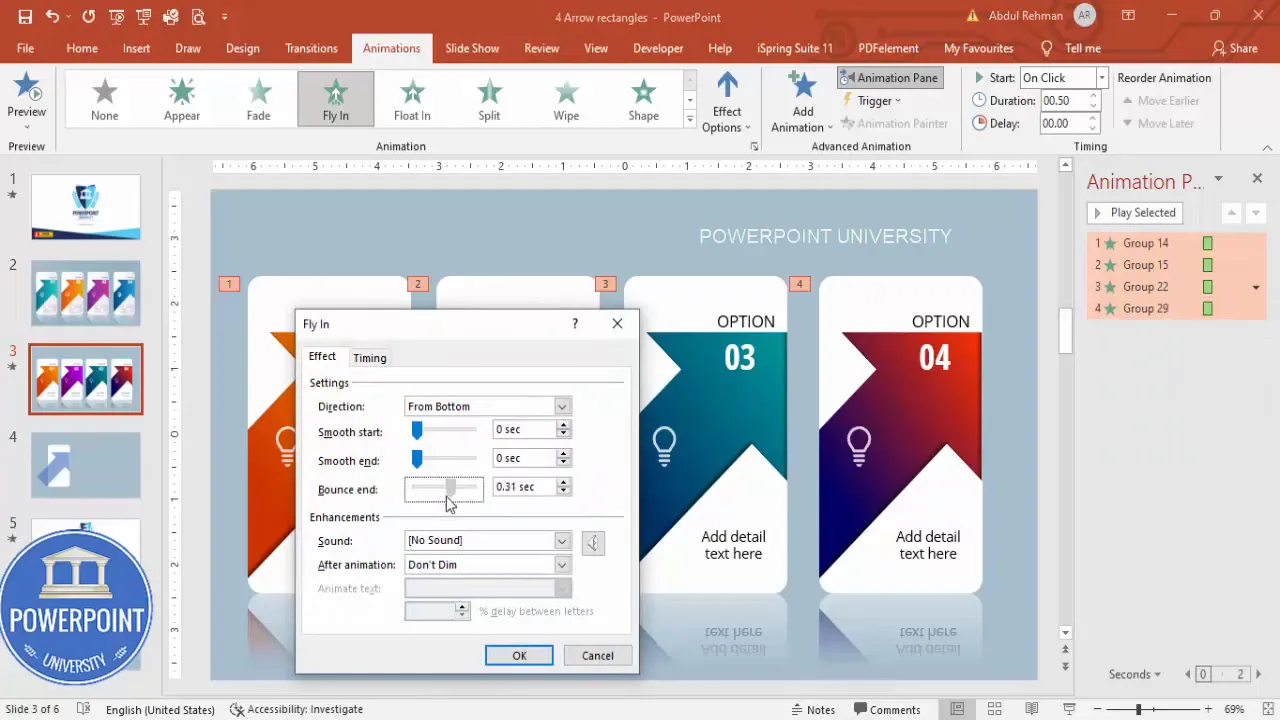 Using Animation Pane and applying Fly In to all options set to on click