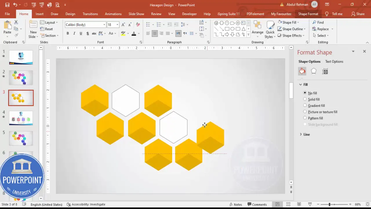 Duplicating and arranging multiple hexagons when building the 9 options infographic Slide