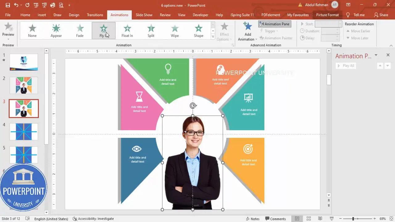 Animation pane showing entrance animations added to central image and option groups