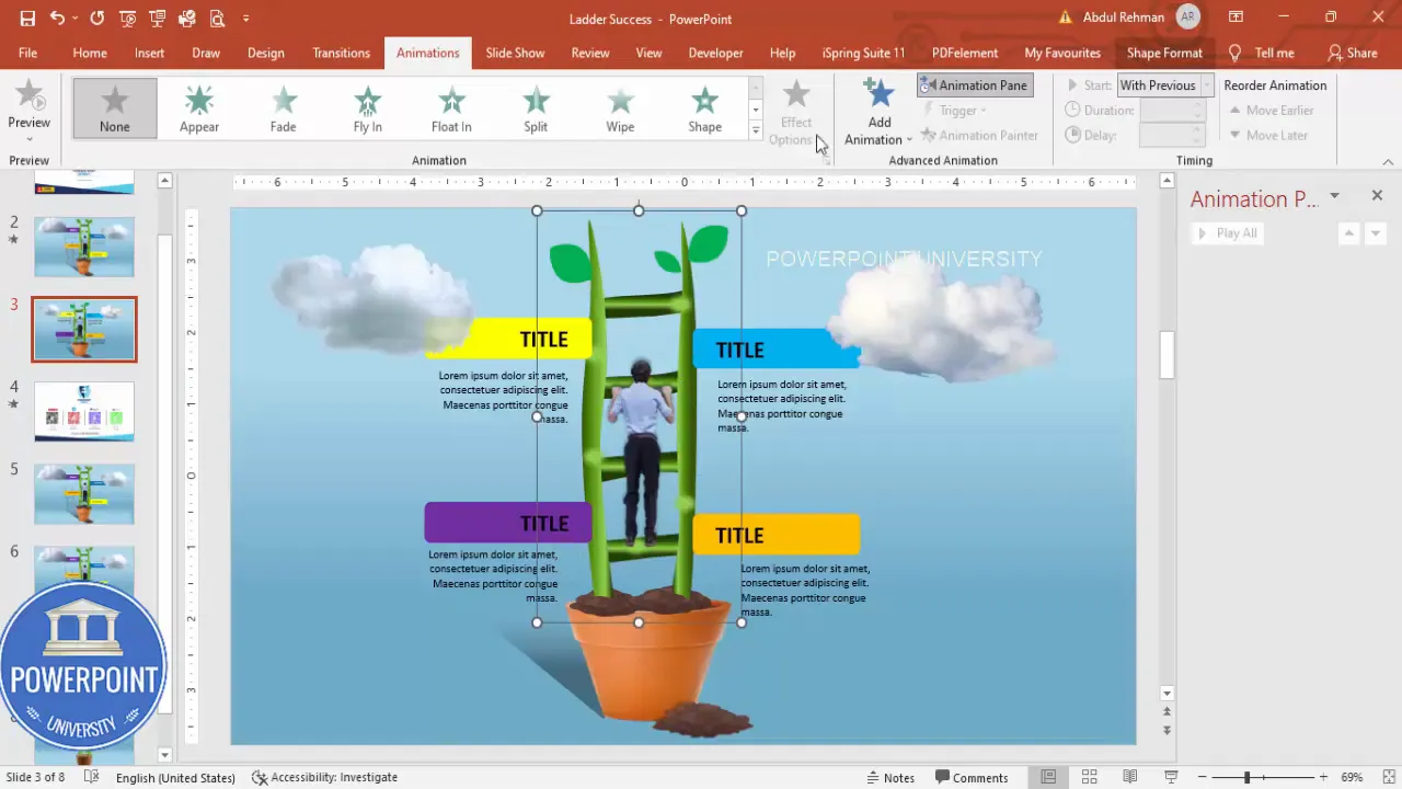 Animation pane showing Stretch and Float In effects for ladder and labels