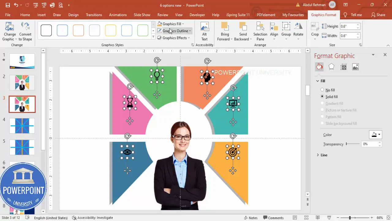 Grouped options: wedge shape, icon, and text grouped as single objects
