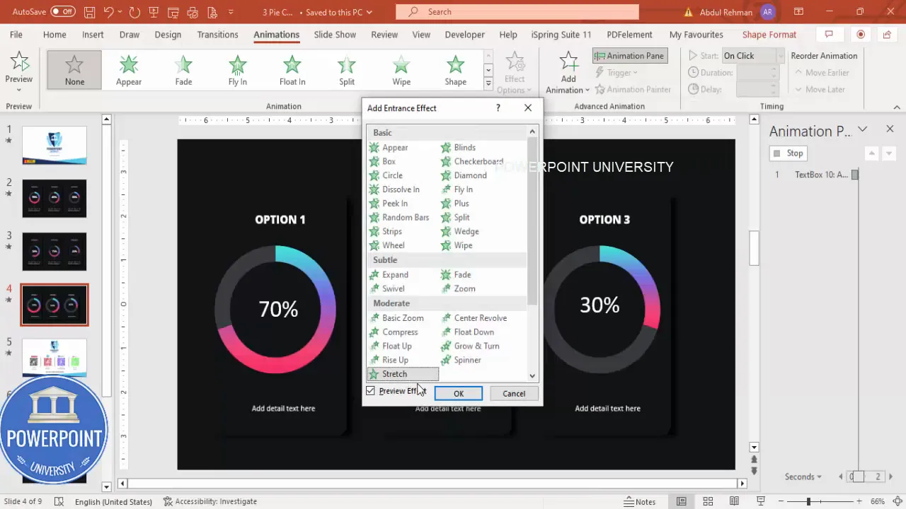 Open the animation pane and add Grow & Turn effect to the chart