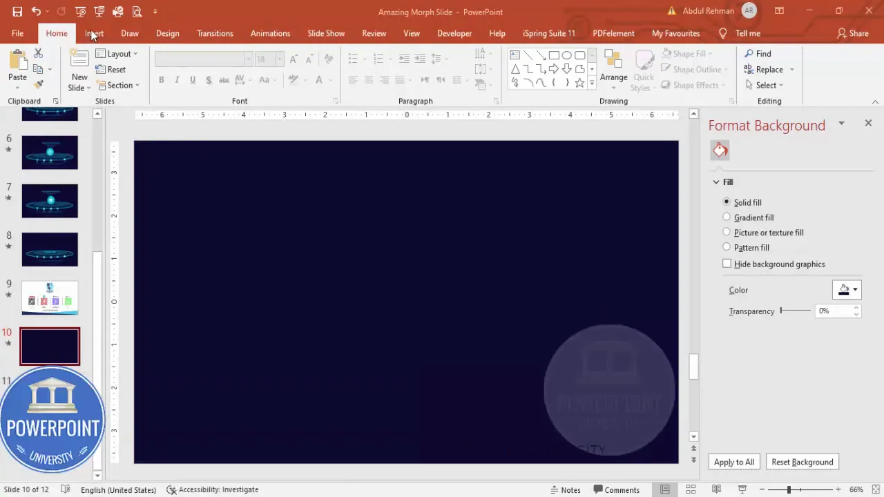 Selecting a dark blue background color for the slide