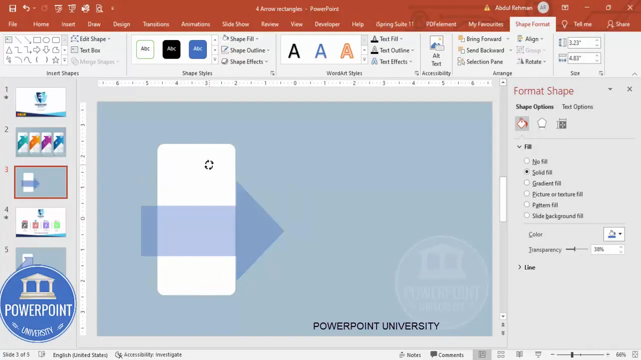 Adding the right arrow shape positioned against the rectangle