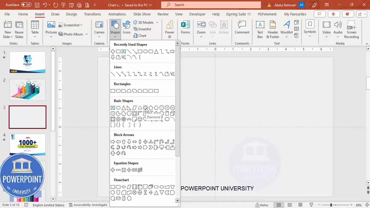 Enable guides and select diamond shape from insert shapes