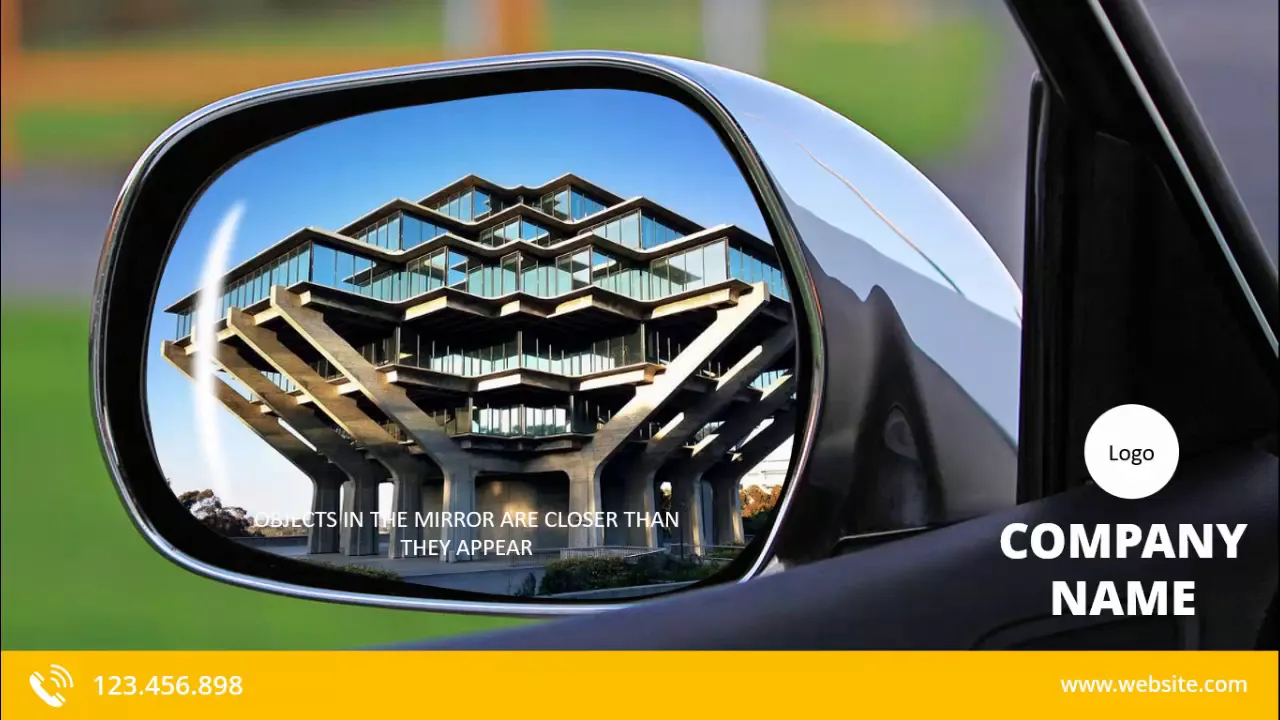 Slide showing car with side mirror and placeholder for contact details
