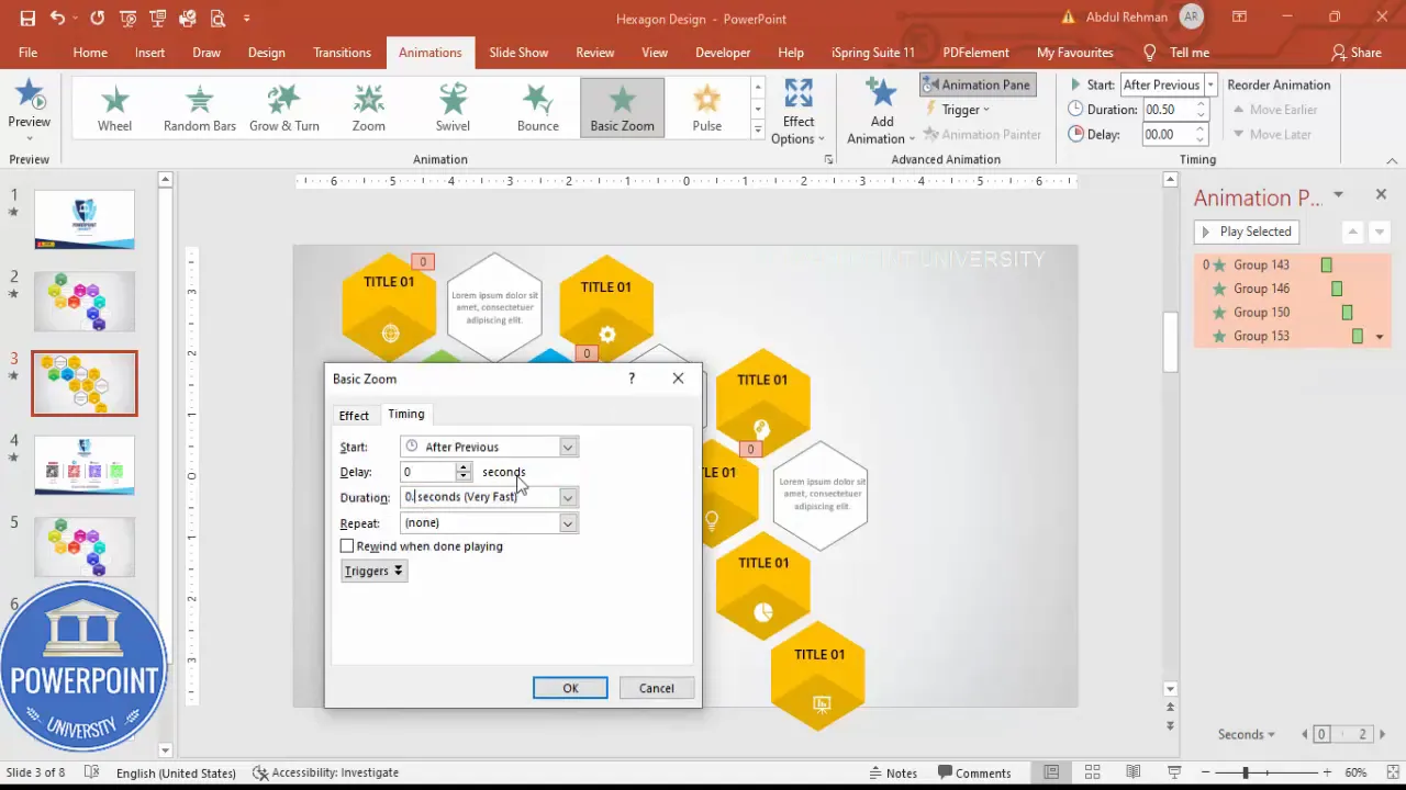 Setting animation timings to 0.3 seconds to keep the 9 options infographic Slide snappy and consistent