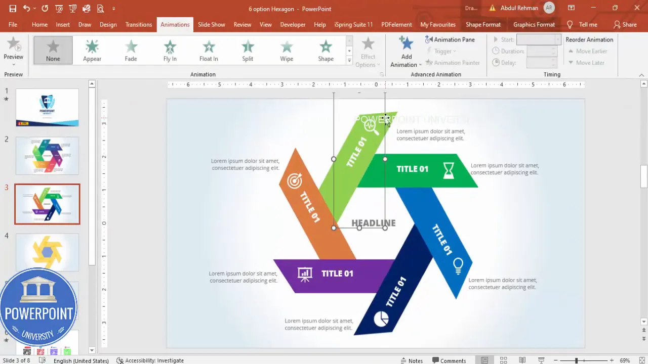 Animation pane showing headline and option animations in sequence