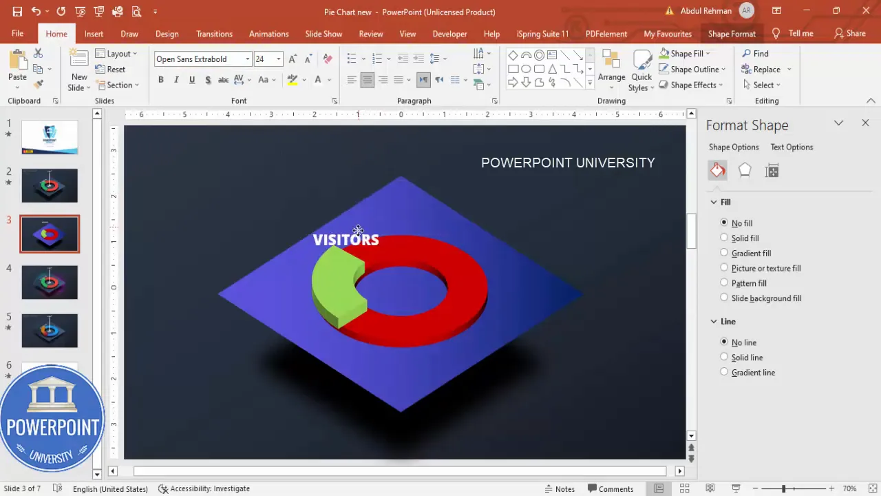 Text boxes for 'Visitors' and '23,000' are added, with the numeric text converted to 3D rotation to match the chart