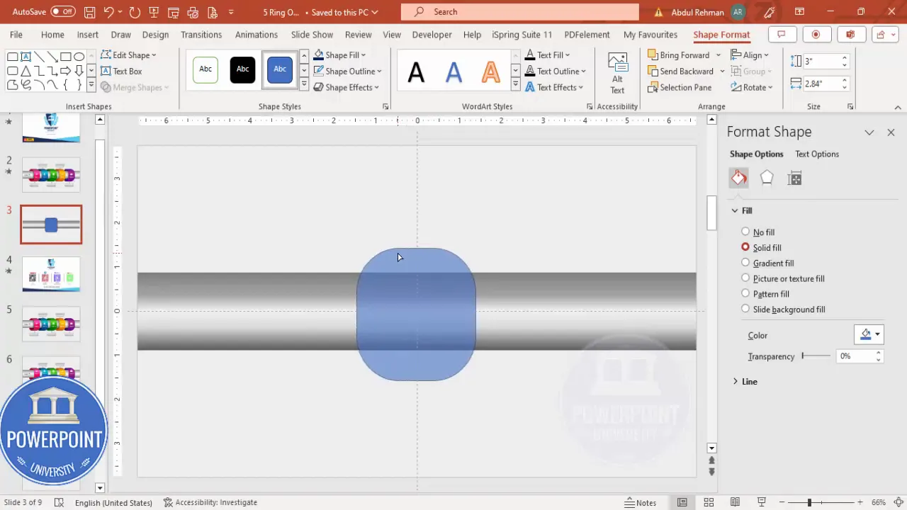 Rounded rectangle handle adjusted to create oval sections for the pipe