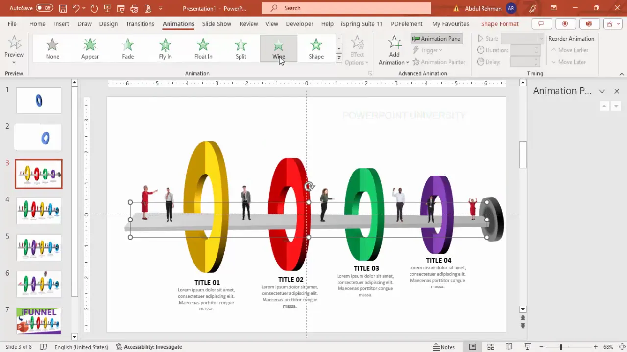 Animation pane and applied animations on funnel diagram