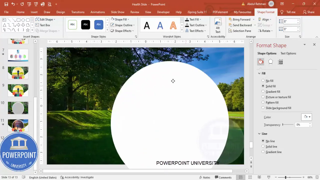 Create large oval shape centered on slide