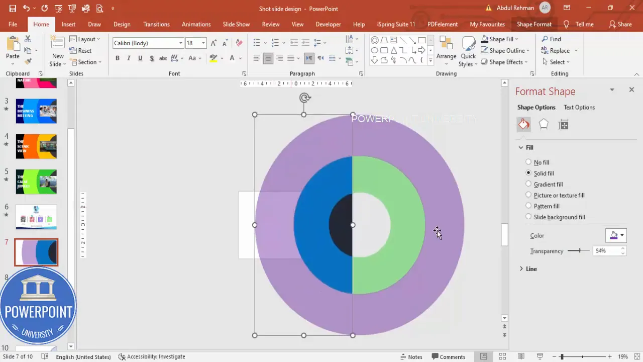 Color the left and right fragments with dark and light blue for the inner circle