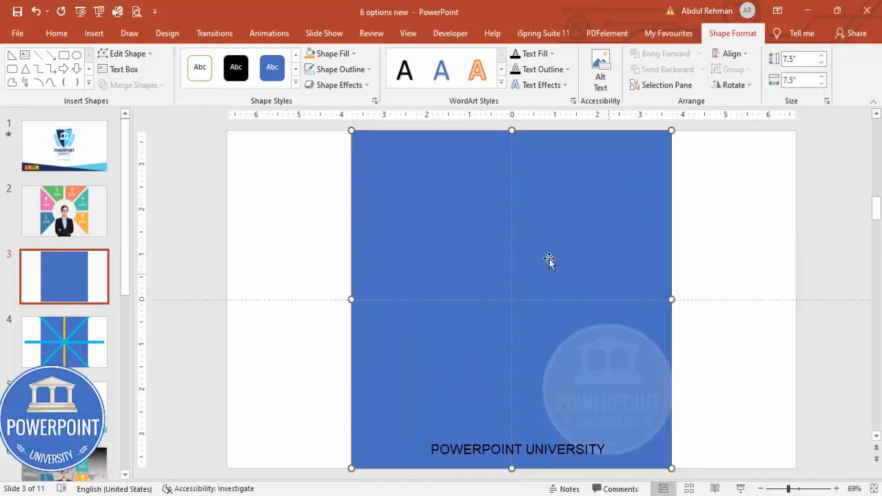 Rectangle added and formatted to 7.5x7.5 inches and centered on slide