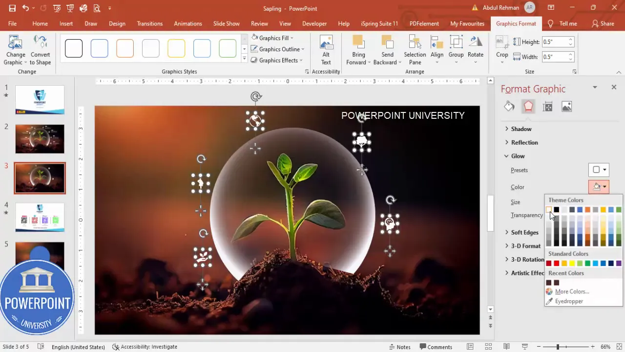 Applying a white glow effect to icons and adjusting transparency and size